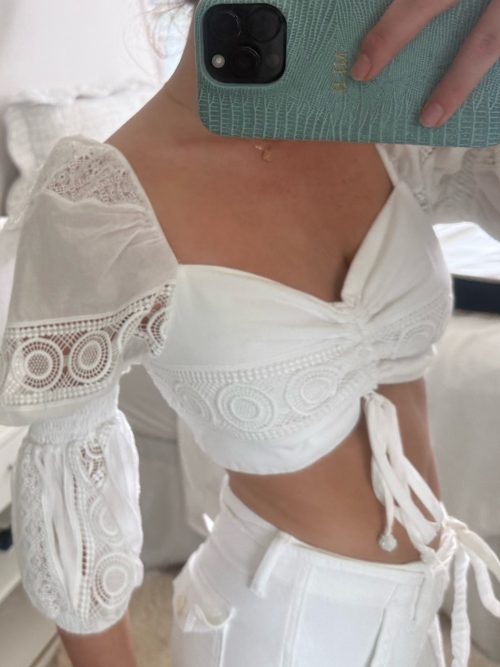 Waimari White Lace-Trim Ruched Crop Top - Women